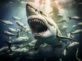 Dynamic Encounter Shark Attacking a School of Fish   generative ai photo