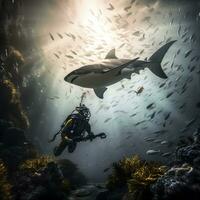 simbiótico encuentro generativo ai une tiburón y buzo foto