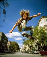 90s Vibe Dynamic Skateboarding Pose by Teenager   generative ai photo