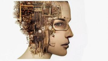 Cybernetic Beauty   Futuristic woman face composed of circuits and electronic components, created by AI photo