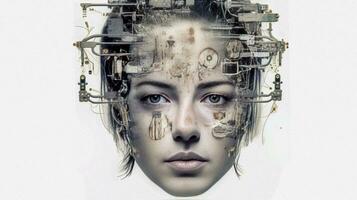 cibernético belleza futurista mujer cara compuesto de circuitos y electrónico componentes, creado por ai foto