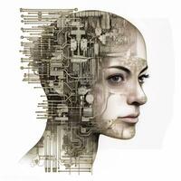 Cybernetic Beauty   Futuristic woman face composed of circuits and electronic components, created by AI photo