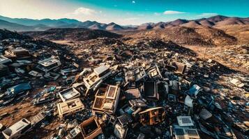 Monumento de residuos generativo de ai visión de un gigantesco basura montaña foto