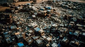 Monumento de residuos generativo de ai visión de un gigantesco basura montaña foto