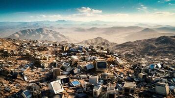 Monumento de residuos generativo de ai visión de un gigantesco basura montaña foto