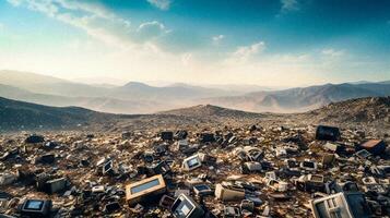 Monumento de residuos generativo de ai visión de un gigantesco basura montaña foto