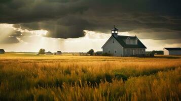 a white wooden American Protestant church in the fields   generative ai photo