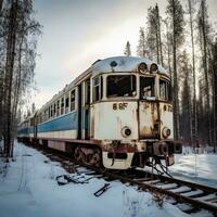 soledad en nieve abandonado tren en medio de de invierno abrazo generativo ai foto
