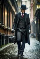 Elegance Redefined British Inspired Gentleman in Long Coat and Hat   generative ai photo