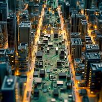 Artificial Intelligence Cityscape Urban Miniature on Circuit Board photo