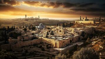 wide view of jerusalem at sunset   generative AI photo