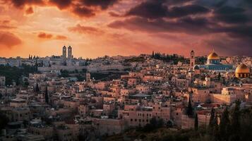 wide view of jerusalem at sunset   generative AI photo