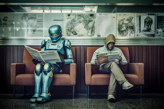 The Synergy of Man and Machine   Man and robot in a waisting room   generative ai photo