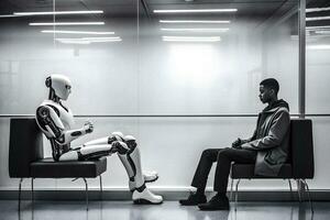 The Synergy of Man and Machine   Man and robot in a waisting room   generative ai photo