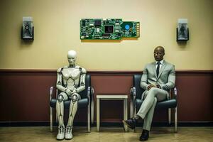 The Synergy of Man and Machine   Man and robot in a waisting room   generative ai photo