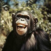 alegre chimpance un retrato de un riendo chimpancé generativo ai foto