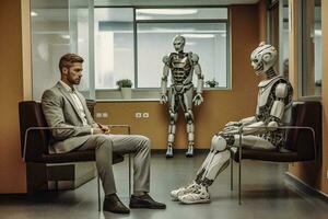 The Synergy of Man and Machine   Man and robot in a waisting room   generative ai photo