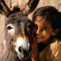 alegre conexión niña y Burro en generativo ai retrato foto