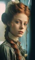 encantador retrato de un hermosa rojo peludo mujer con cautivador ligero ojos generativo ai foto