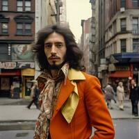 70s inspirado retrato joven hombre con largo marrón pelo y Clásico atuendo generativo ai foto