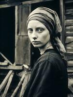 Resilient Beauty Young Woman with Headscarf, Girl with a Pearl Earring Style, Great Depression Era   generative ai photo
