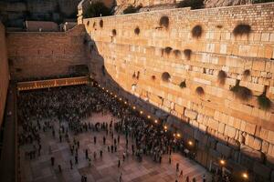 Golden Light of Sunset on the Western Wall in Jerusalem, Top View   generative AI photo