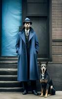 Elegant Black Man with American Style Coat and Large Dog   generative ai photo