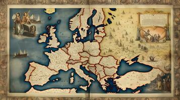 medieval mapa de Europa en antiguo pergamino generativo ai Arte foto