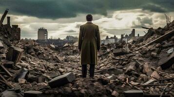 Resilience Amidst Chaos   Elegant man walking through WWII bombed city rubble   generative ai photo