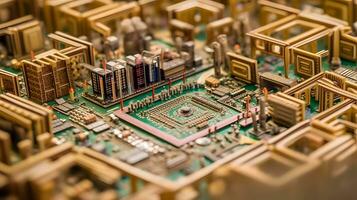 Intricate AI Generated Miniature Maze on Motherboard photo