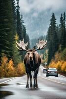 Magnificent Moose in Autumn on The Road   generative ai photo