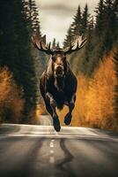 Magnificent Moose in Autumn on The Road   generative ai photo