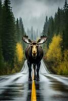 Magnificent Moose in Autumn on The Road   generative ai photo