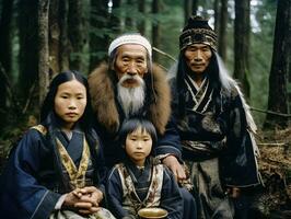 ainu familia en tradicional vestir un generativo ai tributo foto