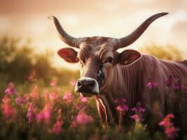 majestuoso Longhorn pasto en lozano Violeta prado generativo ai foto