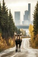 Magnificent Moose in Autumn on The Road   generative ai photo