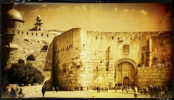 visión de conjunto de el occidental pared en Jerusalén, Clásico foto generativo ai