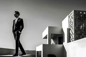 Elegant Man in Black and White Suit against Minimalist Architecture and Sunlight, generative ai photo