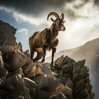 Majestic Ibex on a Cliff, Stunning Natural Light Generative AI Photography photo