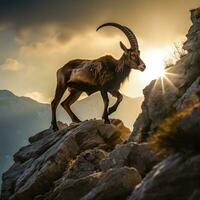 majestuoso cabra montés en un acantilado, maravilloso natural ligero generativo ai fotografía foto