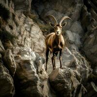 majestuoso cabra montés en un acantilado, maravilloso natural ligero generativo ai fotografía foto