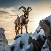 Majestic Ibex Climbing in Stunning Light. Generative AI. photo