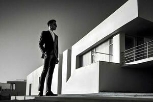 Elegant Man in Black and White Suit against Minimalist Architecture and Sunlight, generative ai photo