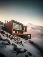 cima de la montaña lujo generativo ai crea un maravilloso nevadas cumbre hogar foto