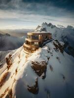 cima de la montaña lujo generativo ai crea un maravilloso nevadas cumbre hogar foto