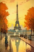 Vintage Paris Poster with Eiffel Tower, AI generated photo