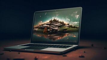Elegant Laptop with Stunning Generative AI Wallpaper photo