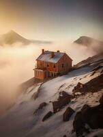 cima de la montaña lujo generativo ai crea un maravilloso nevadas cumbre hogar foto