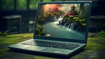 Elegant Laptop with Stunning Generative AI Wallpaper photo