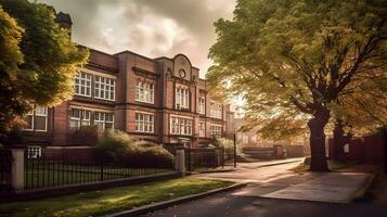 externo ver de un encantador Inglés alto escuela, generativo ai foto